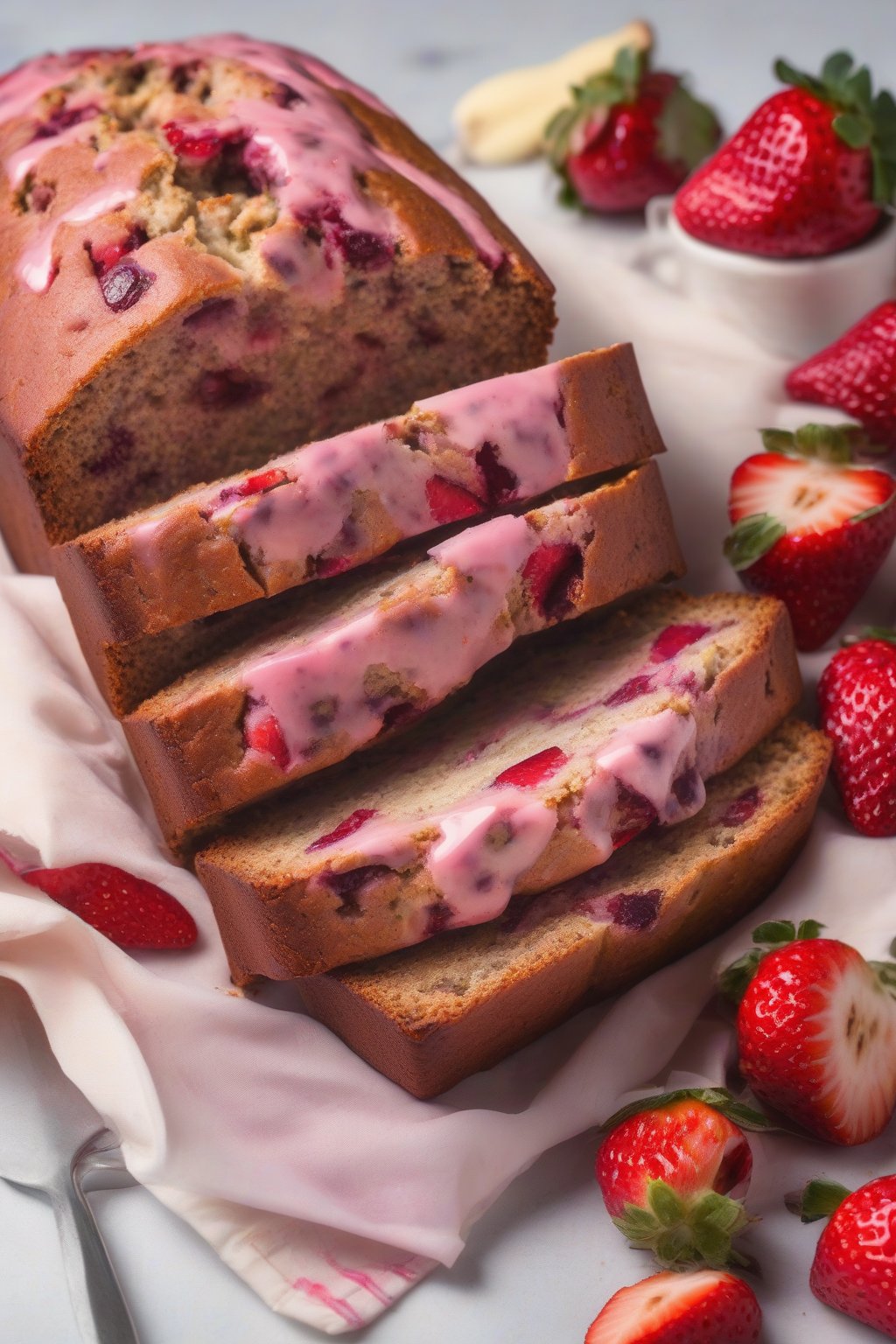 A high-resolution photo of strawberry banana bread with pink flecks and fruit chunks, sliced neatly, under soft lighting.