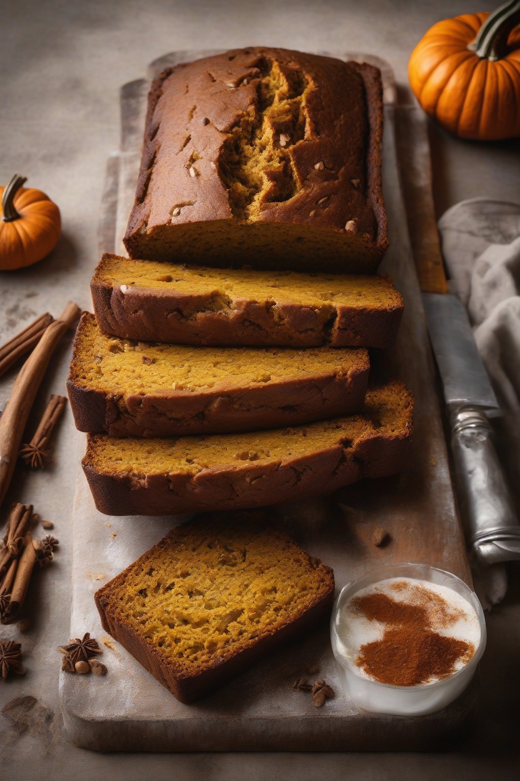 A high-resolution photo of pumpkin banana bread with warm orange hue, spice-dusted slice, under soft lighting.