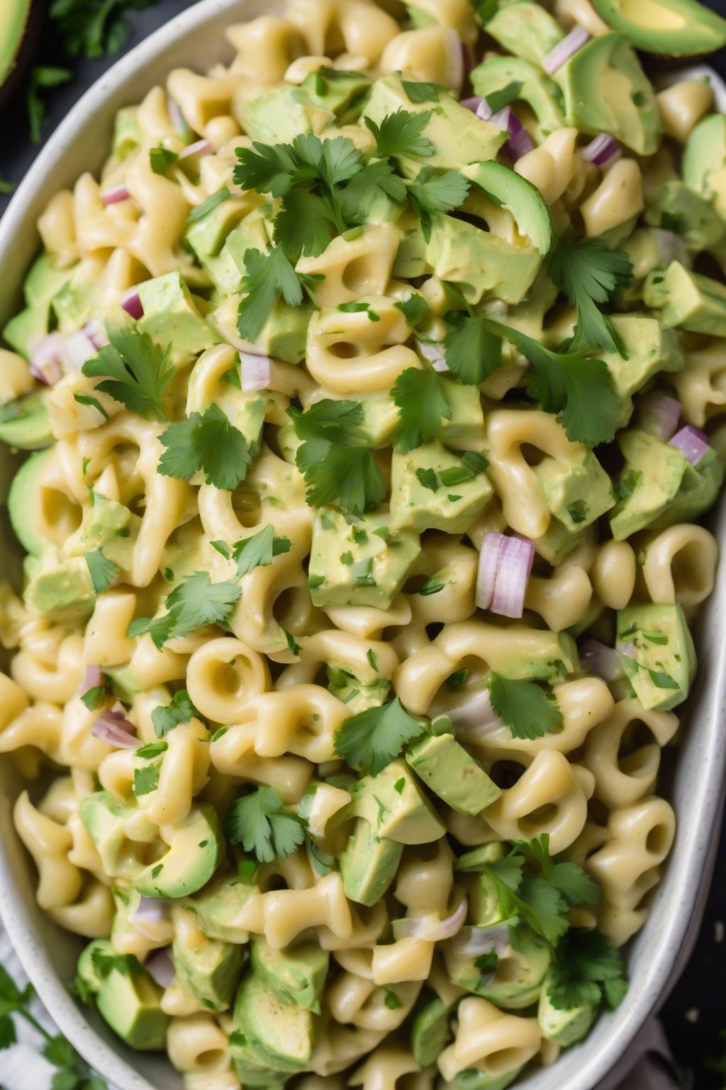 A high-resolution photo of avocado macaroni salad with lime slices and cilantro, under soft lighting.