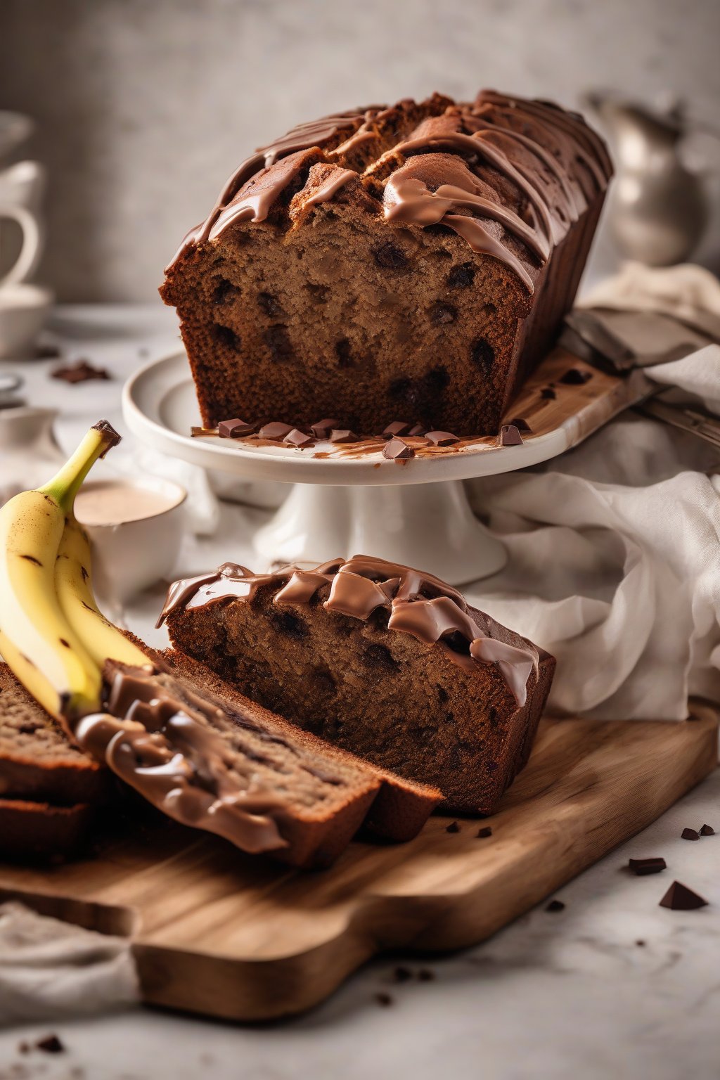 A high-resolution photo of mocha banana bread with chocolate streaks, steamy slice, under soft lighting.