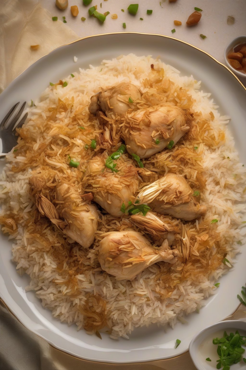 A high-resolution photo of Royal Chicken Pulao with golden fried onions on top, tender chicken chunks nestled in aromatic rice, under soft lighting.