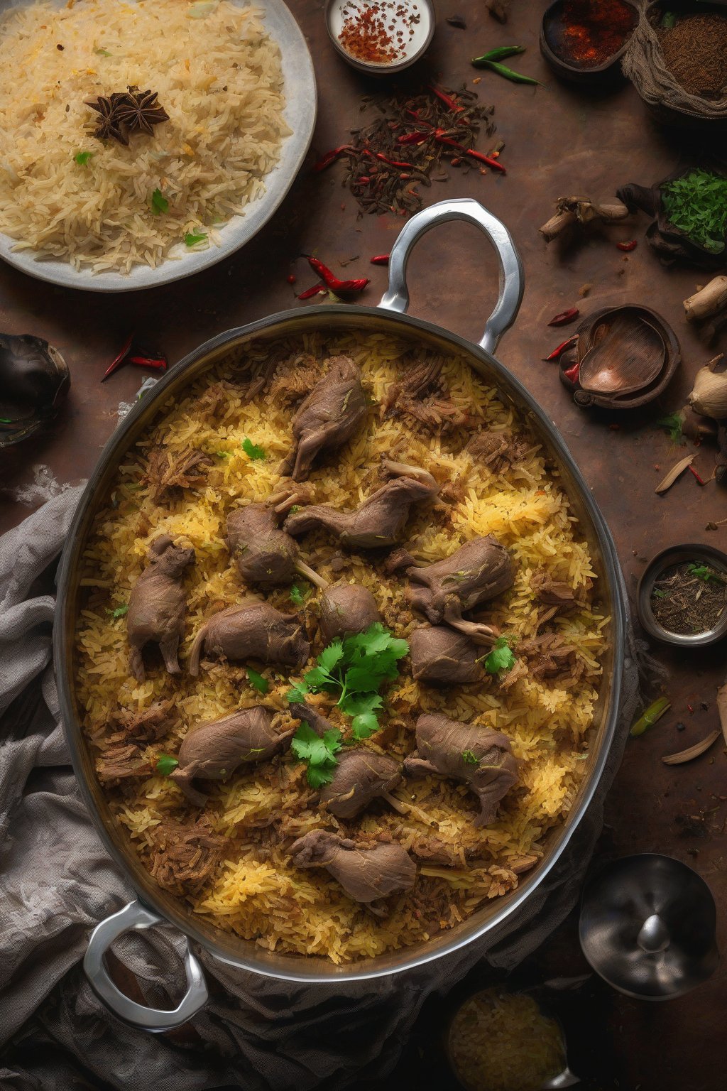 A high-resolution photo of Spicy Lamb Yakhni Pulao with shredded lamb and whole spices visible, steam rising from the pot, under soft lighting.