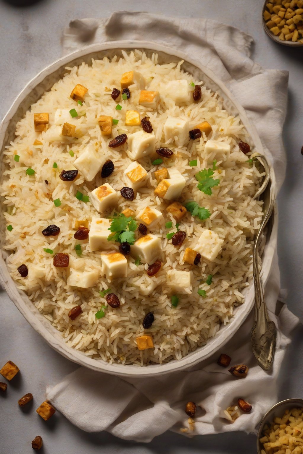 A high-resolution photo of Creamy Paneer Pulao with golden paneer cubes and raisins dotted throughout fluffy rice, under soft lighting.