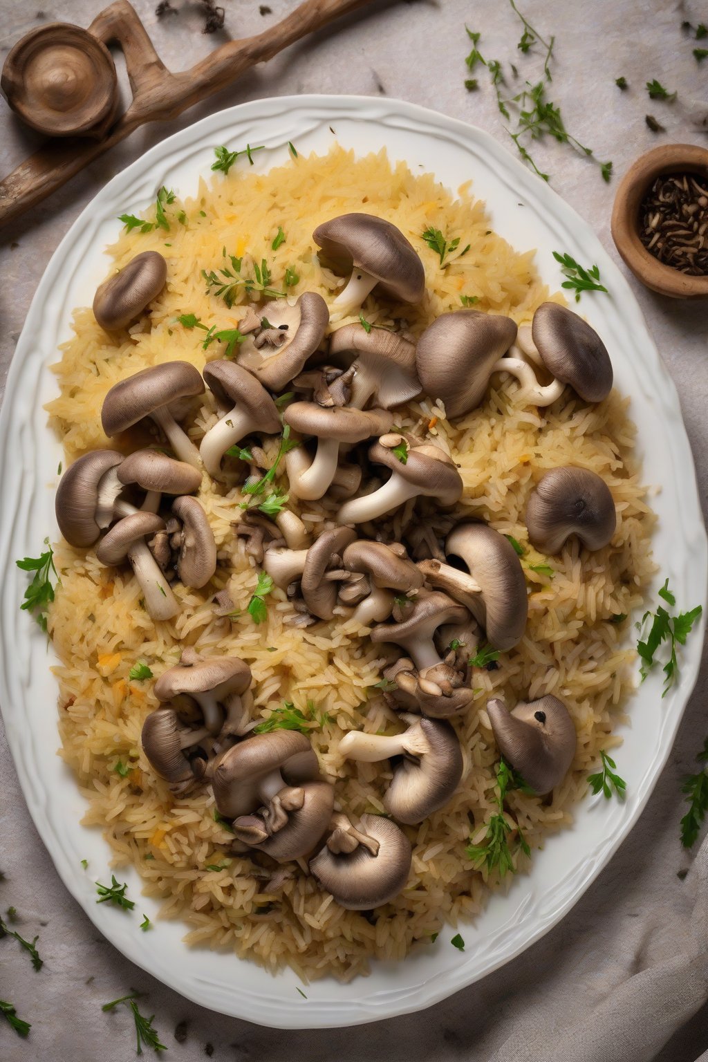 A high-resolution photo of Exotic Mushroom Pulao showcasing sliced mushrooms amid aromatic rice, garnished with thyme sprigs, under soft lighting.