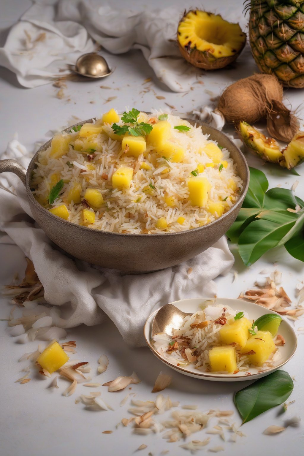 A high-resolution photo of Tropical Coconut Pulao with pineapple bits and coconut flecks in vibrant rice, under soft lighting.