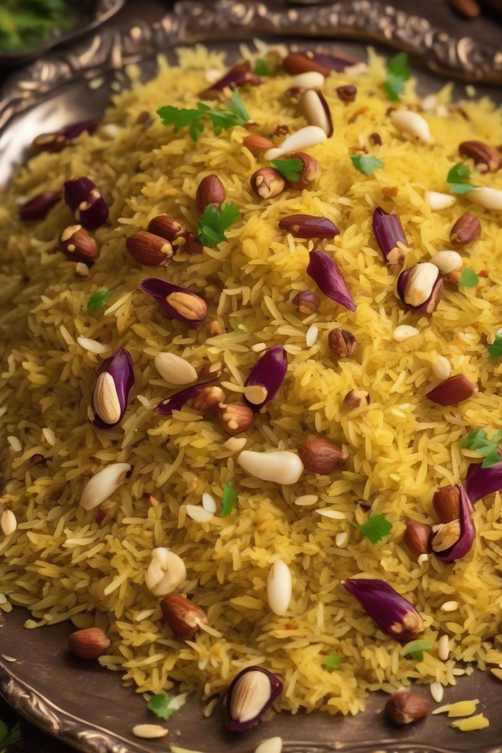A high-resolution photo of Luxurious Saffron Pulao glowing golden with scattered nuts, under soft lighting.