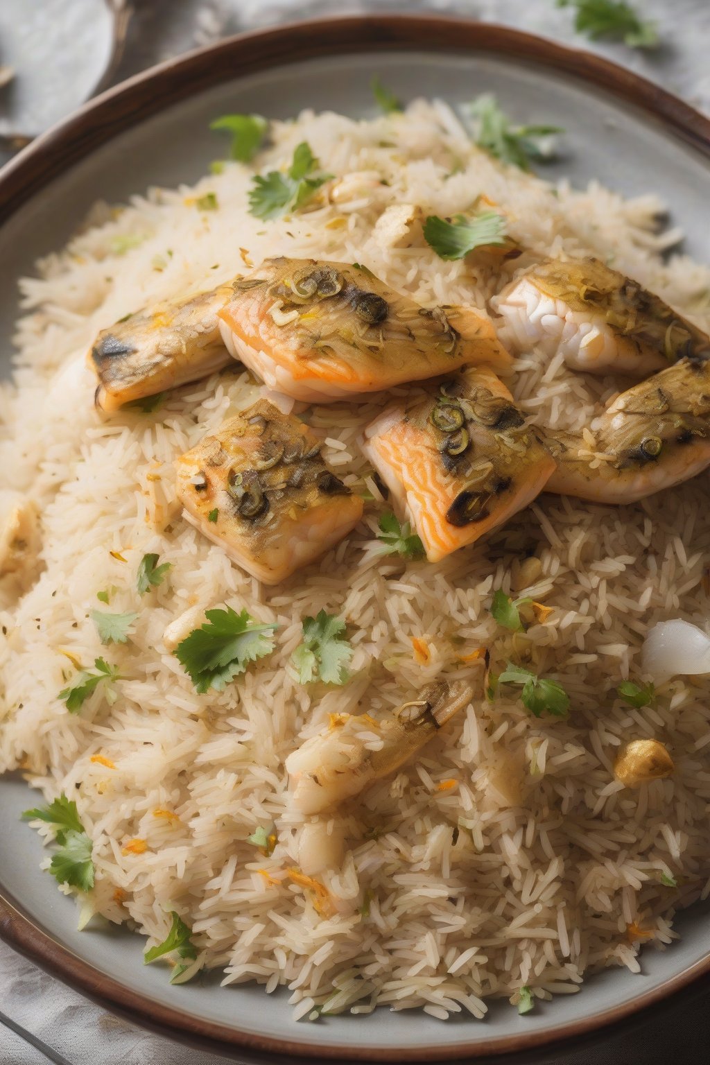A high-resolution photo of Coastal Fish Pulao with tender fish flakes and coconut shavings atop rice, under soft lighting.