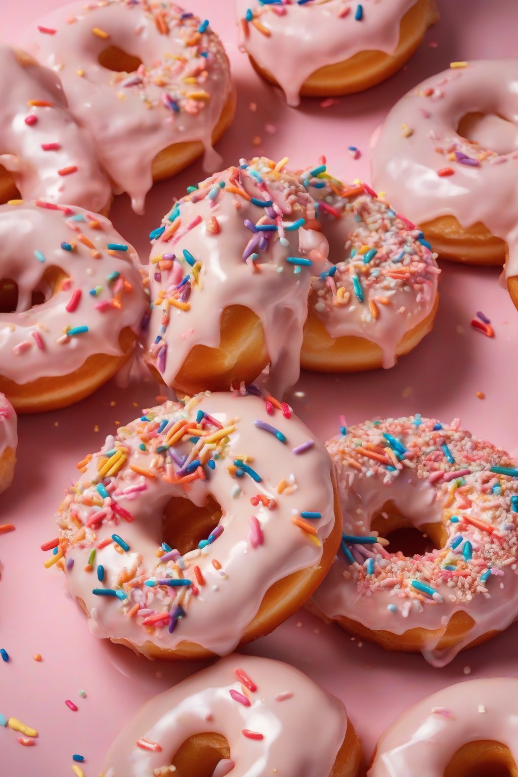 A high-resolution photo of glazed Cinamoroll donuts with sprinkle ears and shiny topping under soft lighting.