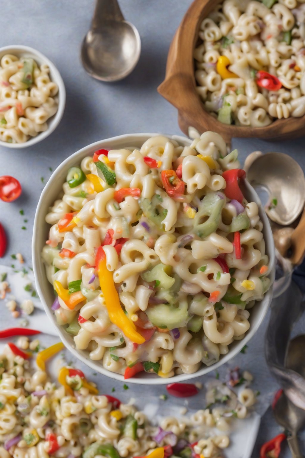A high-resolution photo of sweet pickle macaroni salad with colorful peppers, under soft lighting.