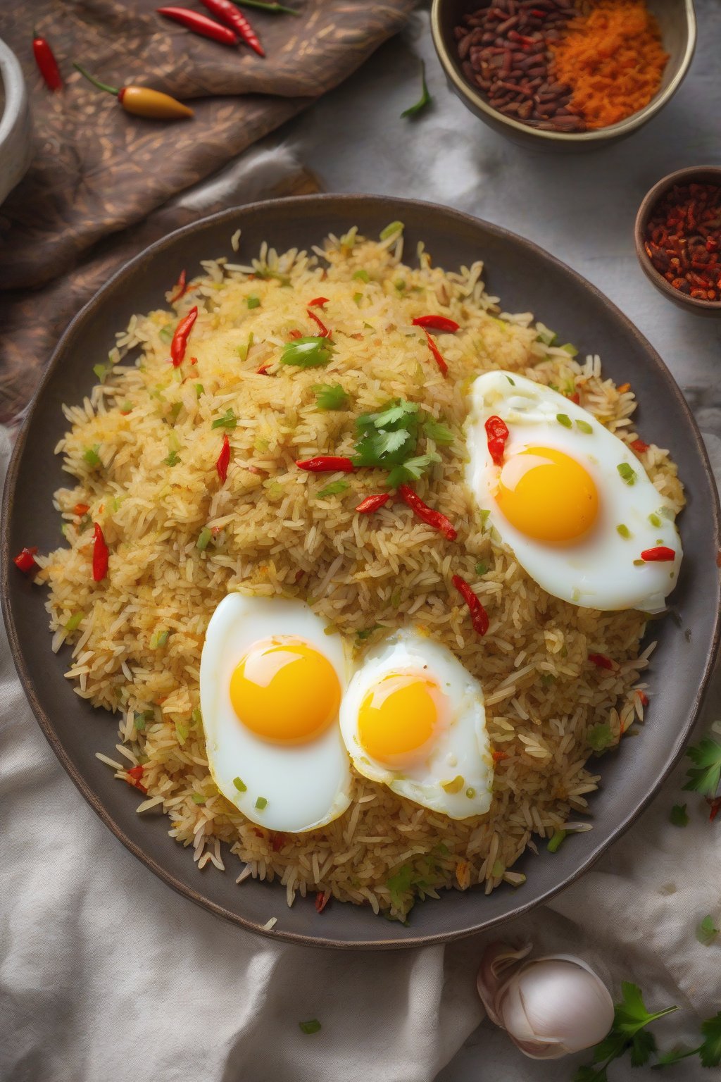 A high-resolution photo of Hearty Egg Pulao sliced eggs crowning spiced rice, garnished with chilies, under soft lighting.