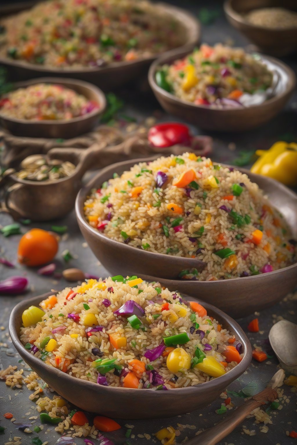 A high-resolution photo of Healthy Quinoa Pulao with colorful veggies mixed into fluffy grains, under soft lighting.