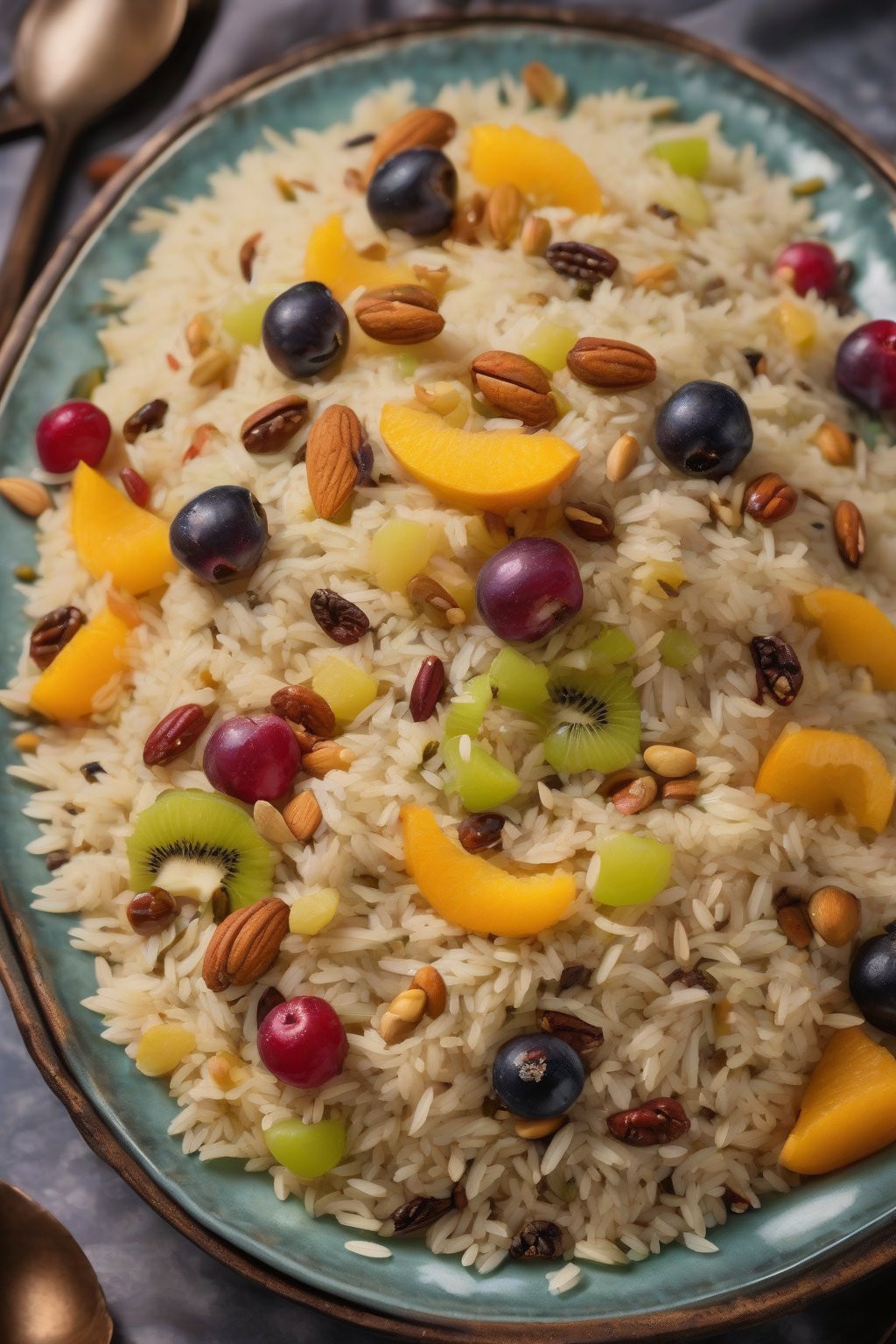 A high-resolution photo of Festive Fruit and Nut Pulao brimming with colorful fruits and nuts in aromatic rice, under soft lighting.