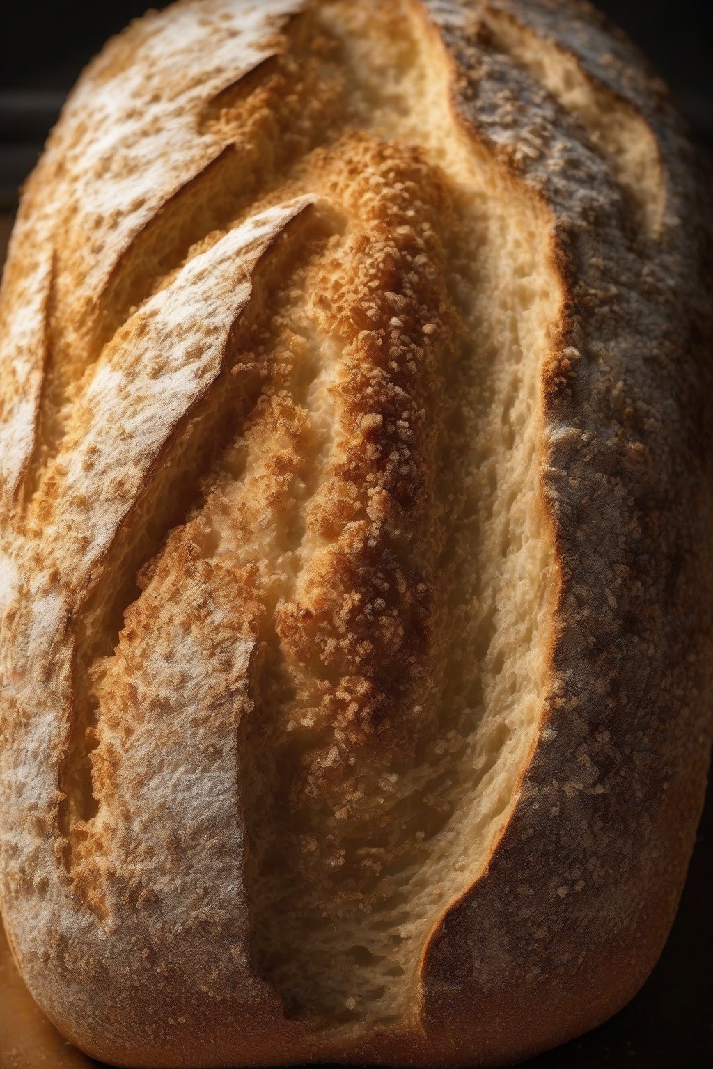 A high-resolution photo of a golden-crusted classic sourdough loaf with an open crumb, steam rising, under soft lighting.