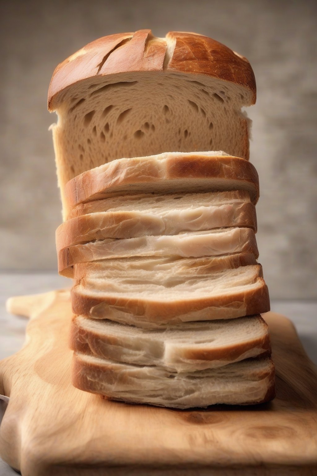 A high-resolution photo of sliced sandwich sourdough bread showing soft interior, on a wooden board, under soft lighting.