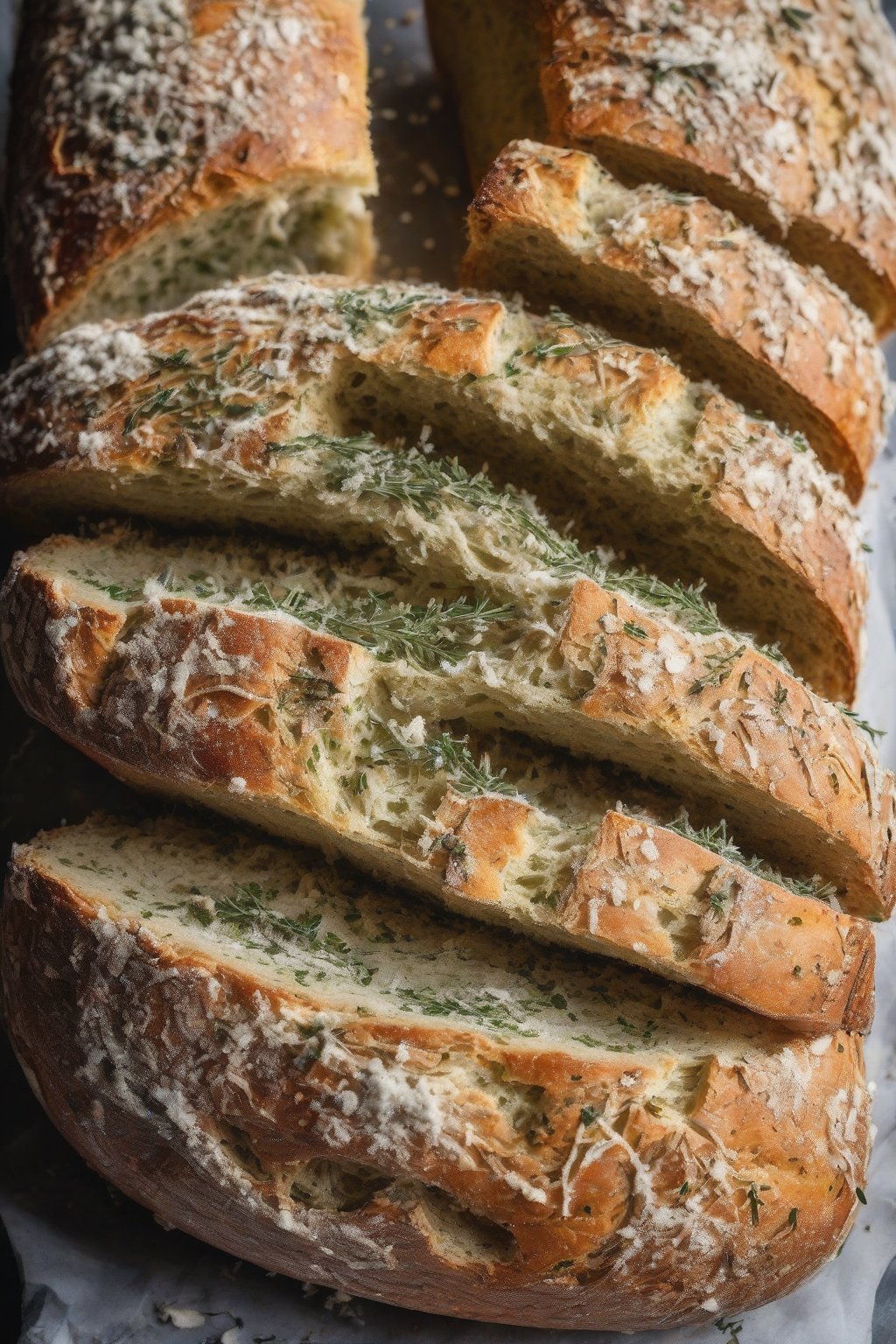 A high-resolution photo of a garlic herb sourdough loaf dusted with flour, herbs visible in the crumb, under soft lighting.