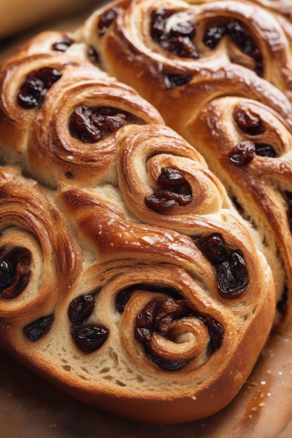 A high-resolution photo of cinnamon raisin sourdough with gooey swirls and raisins peeking out, under soft lighting.