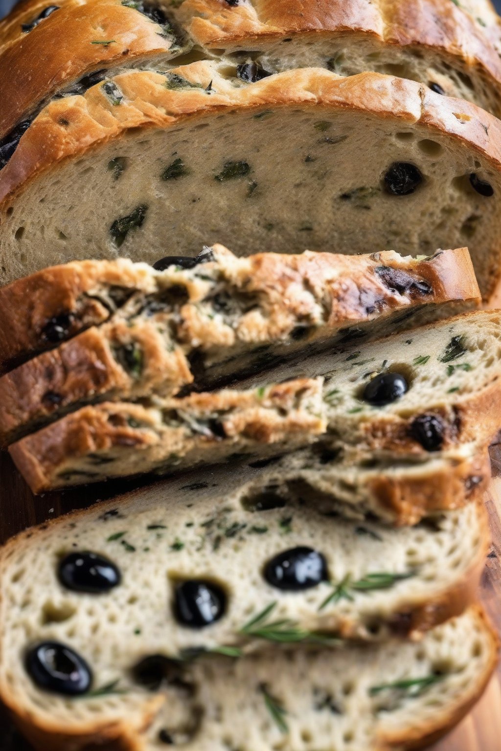 A high-resolution photo of olive rosemary sourdough loaf sliced to show green flecks and black olives, under soft lighting.