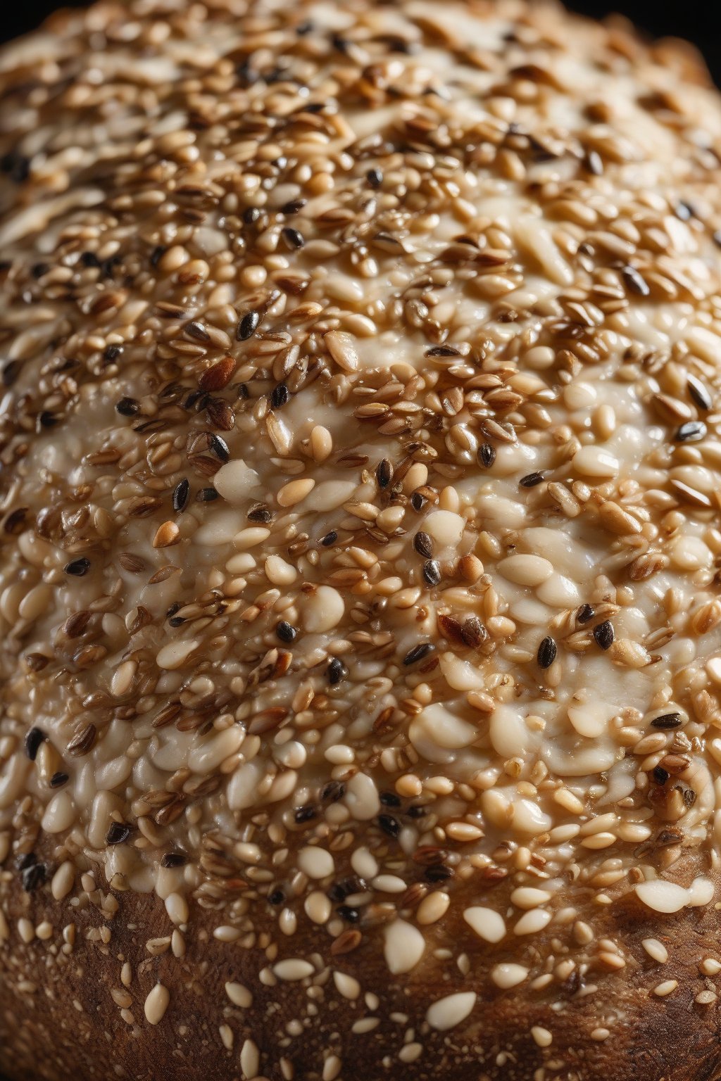 A high-resolution photo of seeded sourdough with shiny seeds on crust and interior, under soft lighting.