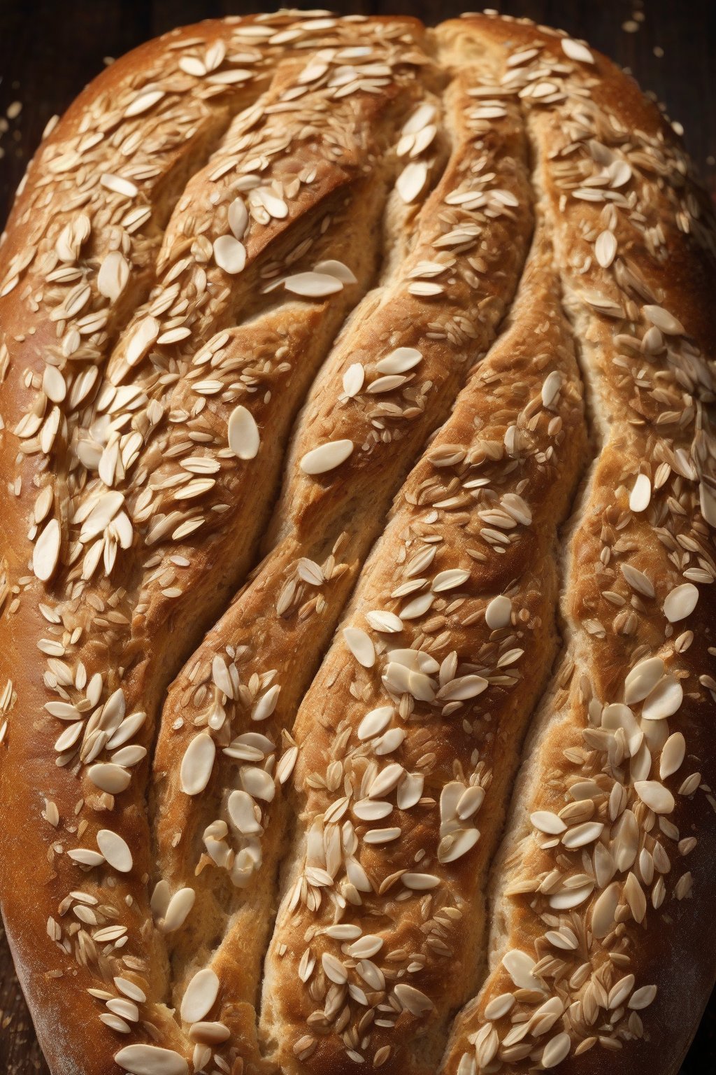 A high-resolution photo of honey oat sourdough loaf with oats embedded in the crust, golden hue, under soft lighting.