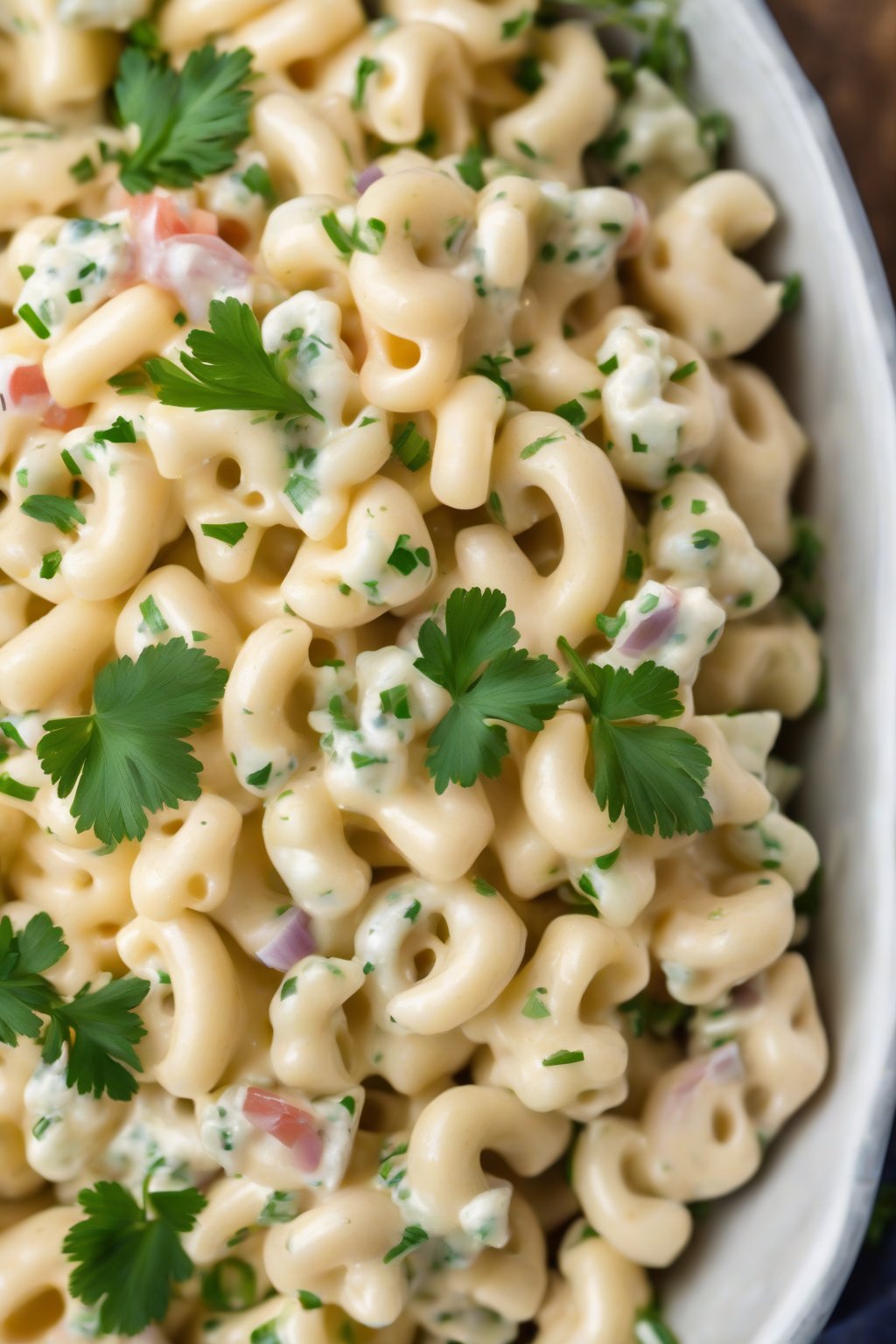 A high-resolution photo of a bowl of classic creamy macaroni salad garnished with fresh parsley, under soft lighting.