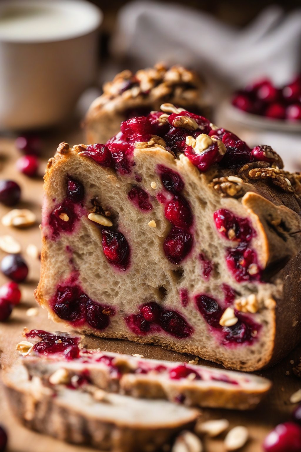 A high-resolution photo of cranberry walnut sourdough showing red berries and nut chunks in the slice, under soft lighting.