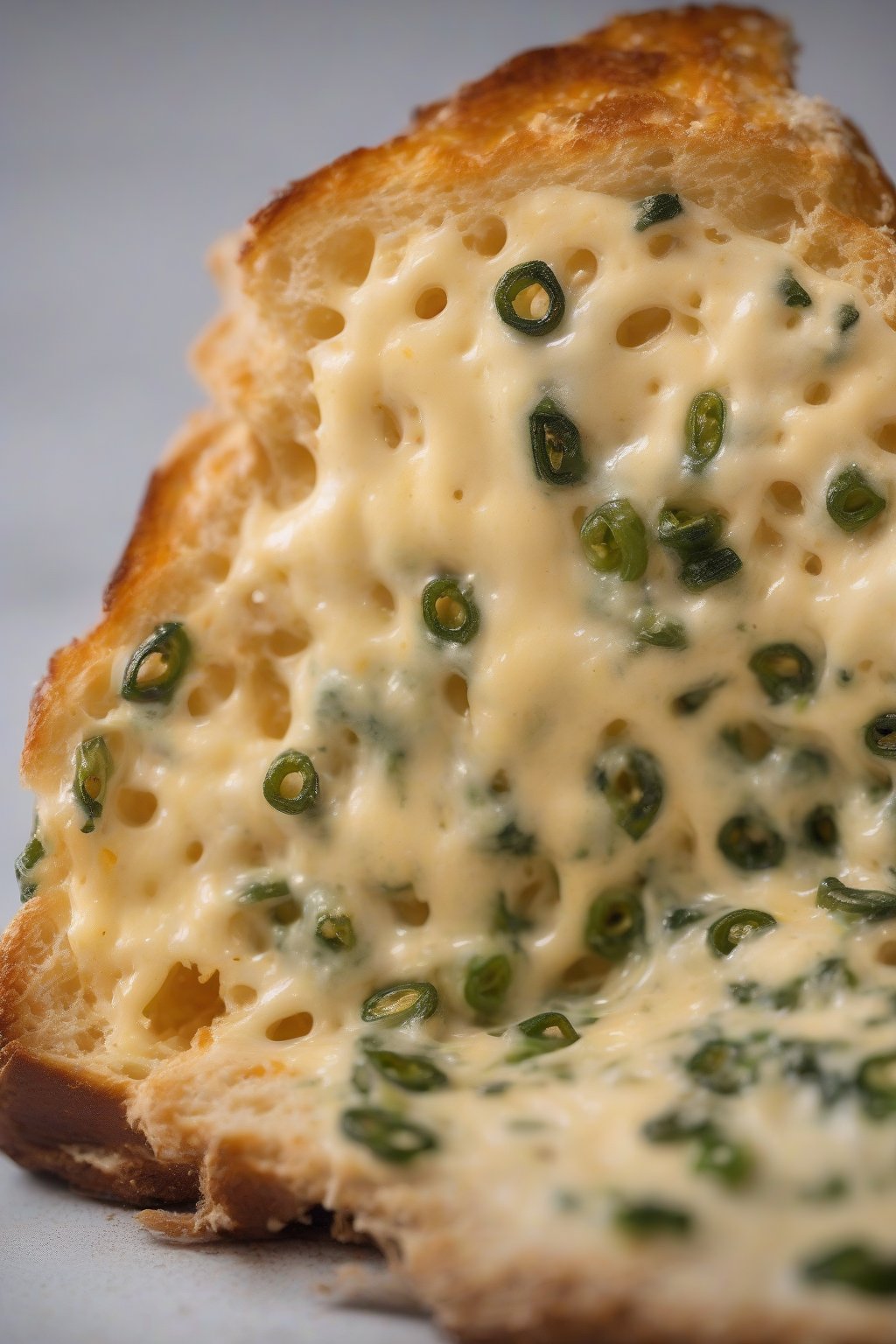 A high-resolution photo of cheesy jalapeño sourdough oozing cheese with green flecks, under soft lighting.