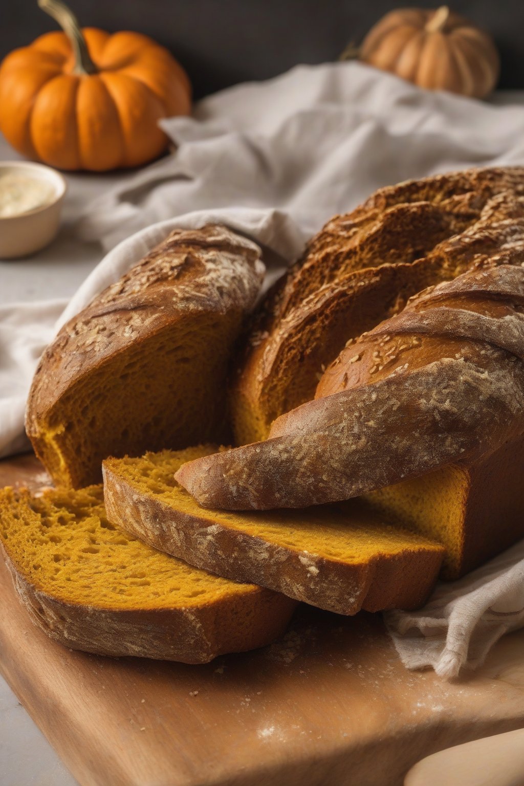 A high-resolution photo of pumpkin spice sourdough loaf with orange tint and spice dusting, under soft lighting.