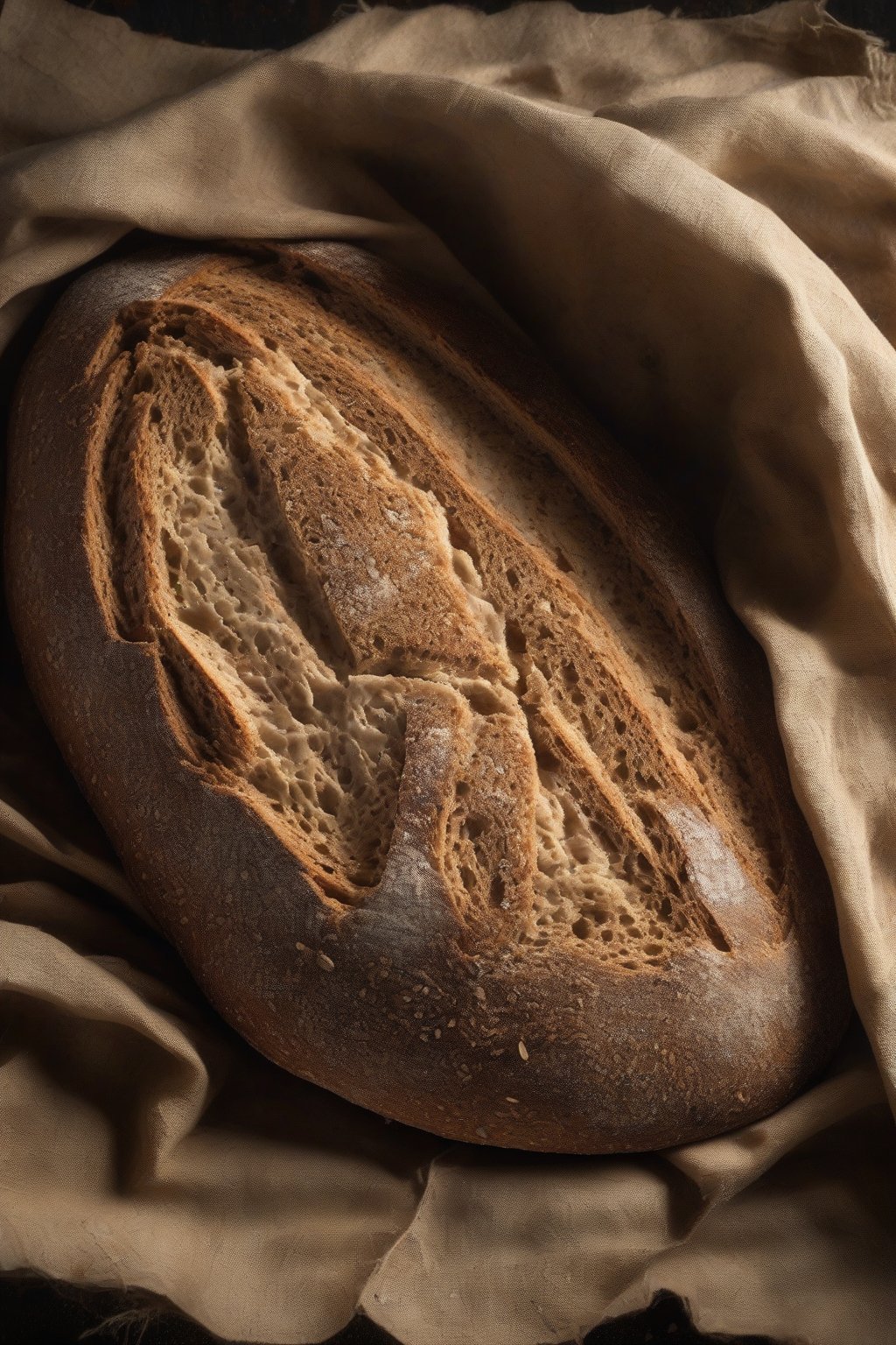 A high-resolution photo of whole wheat sourdough with rustic dark crust and dense crumb, under soft lighting.