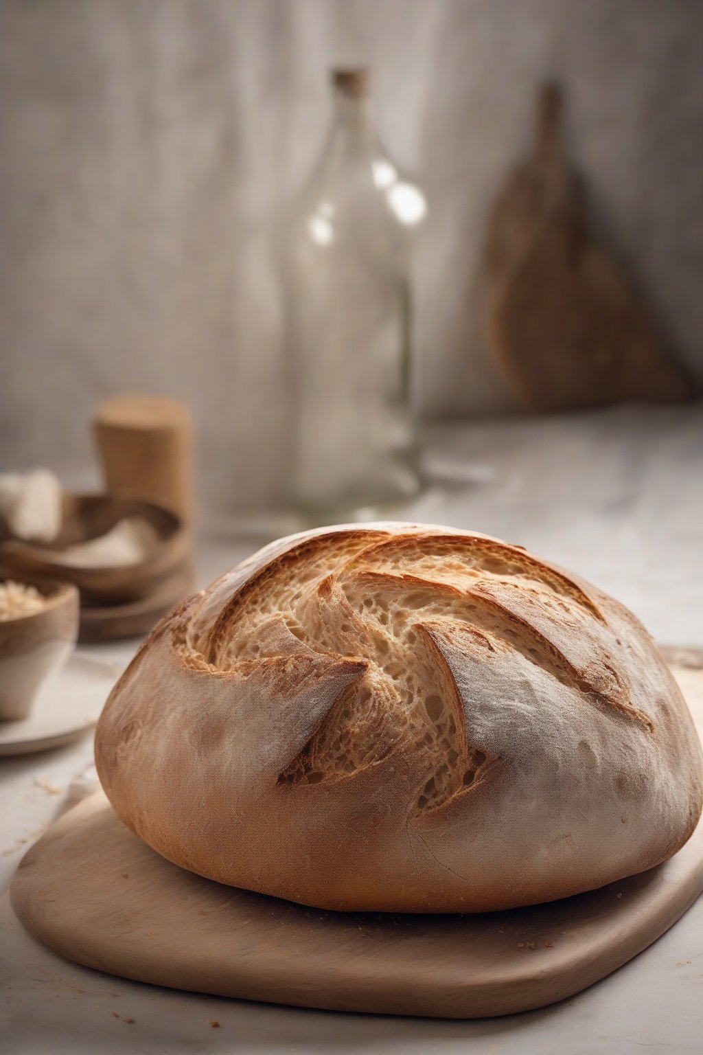 A high-resolution photo of overnight sourdough boule with perfect oven spring and scoring, under soft lighting.