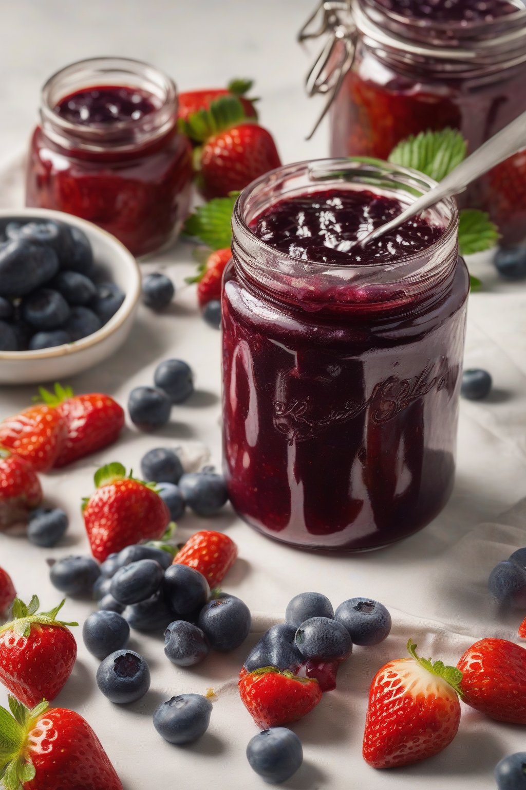 A high-resolution photo of strawberry blueberry bliss jam in a glass jar, glistening with fruit chunks under soft lighting.