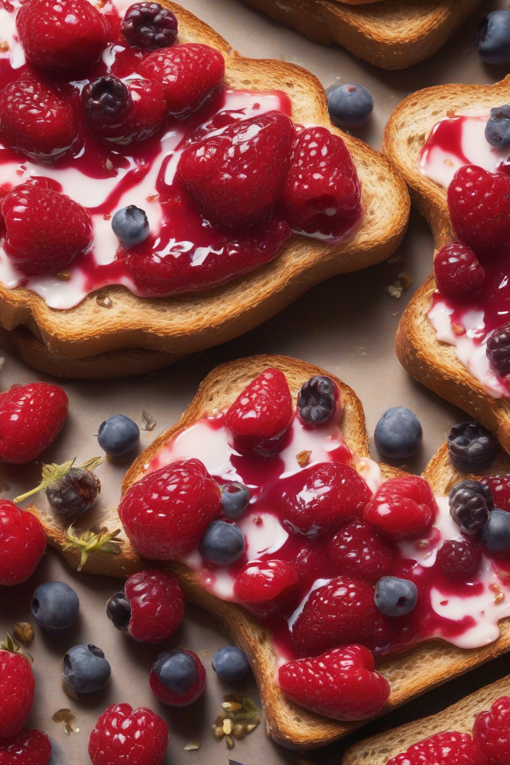 A high-resolution photo of raspberry strawberry fusion jam spread on toast, with visible seeds and berries under soft lighting.