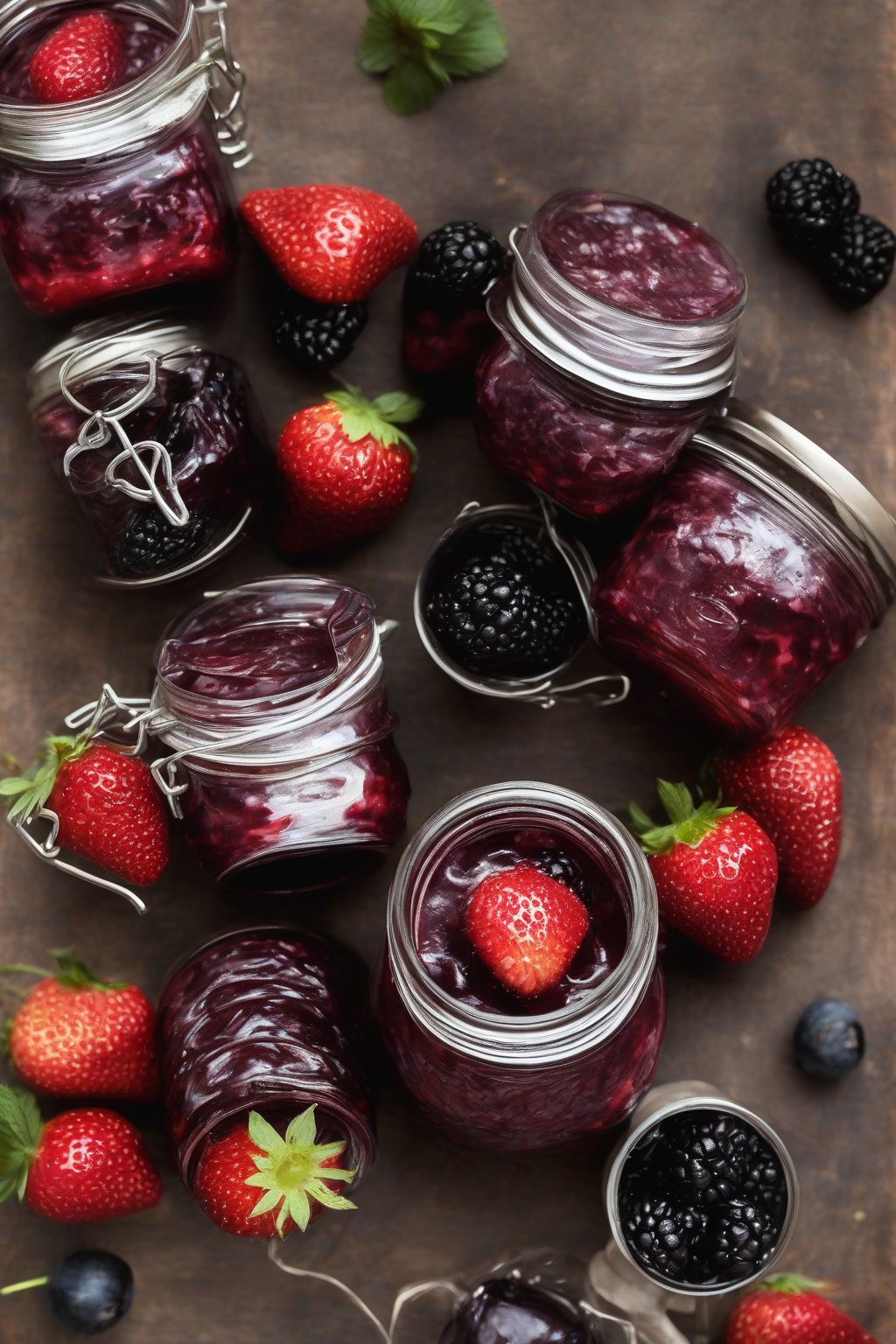 A high-resolution photo of blackberry strawberry harvest preserve in open jars, showing dark fruit swirls under soft lighting.