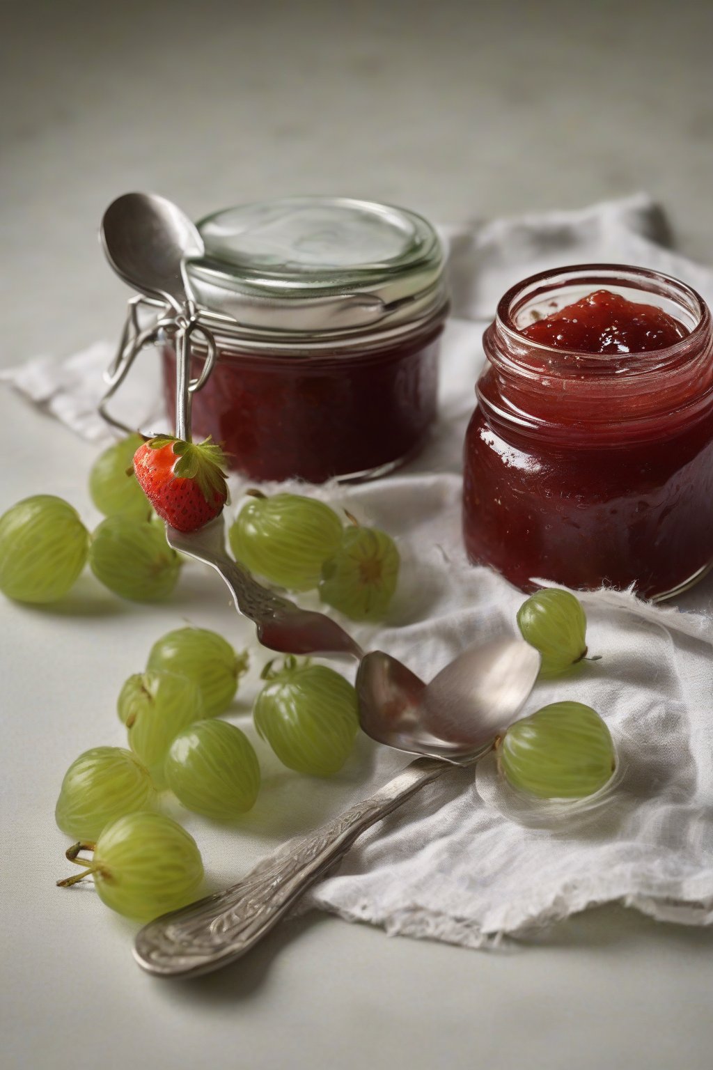 A high-resolution photo of gooseberry strawberry tart jam in a jar with spoon, green-tinged berries visible under soft lighting.