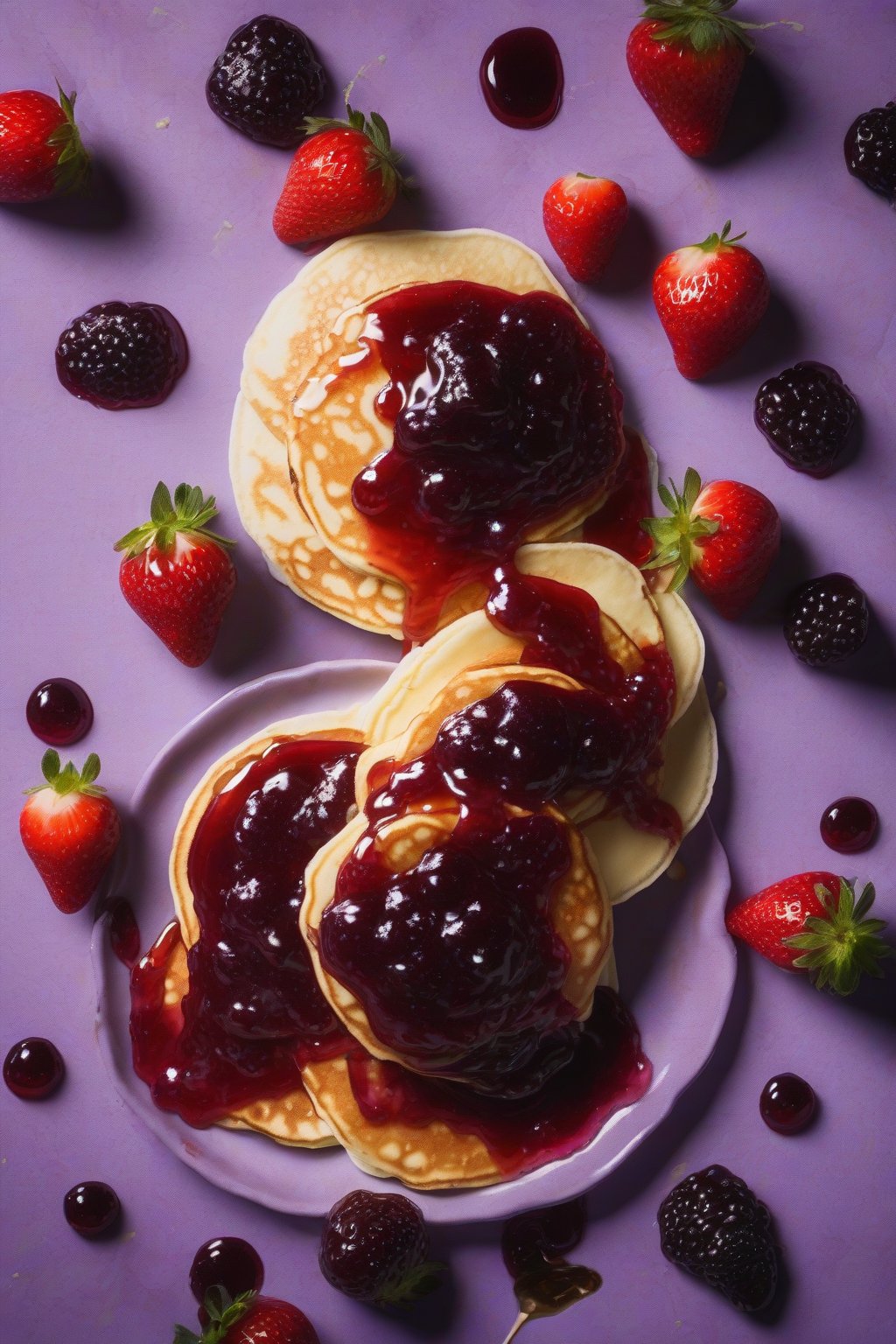 A high-resolution photo of elderberry strawberry immunity jam drizzled over pancakes, purple hues under soft lighting.