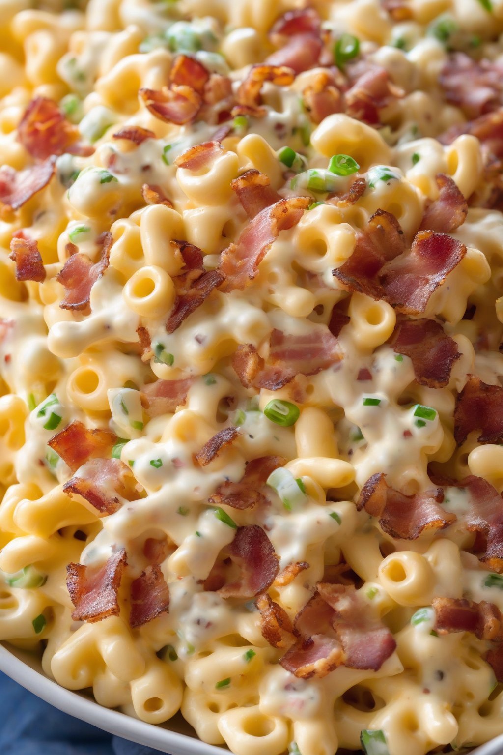 A high-resolution photo of bacon ranch macaroni salad topped with extra bacon bits and cheese, under soft lighting.