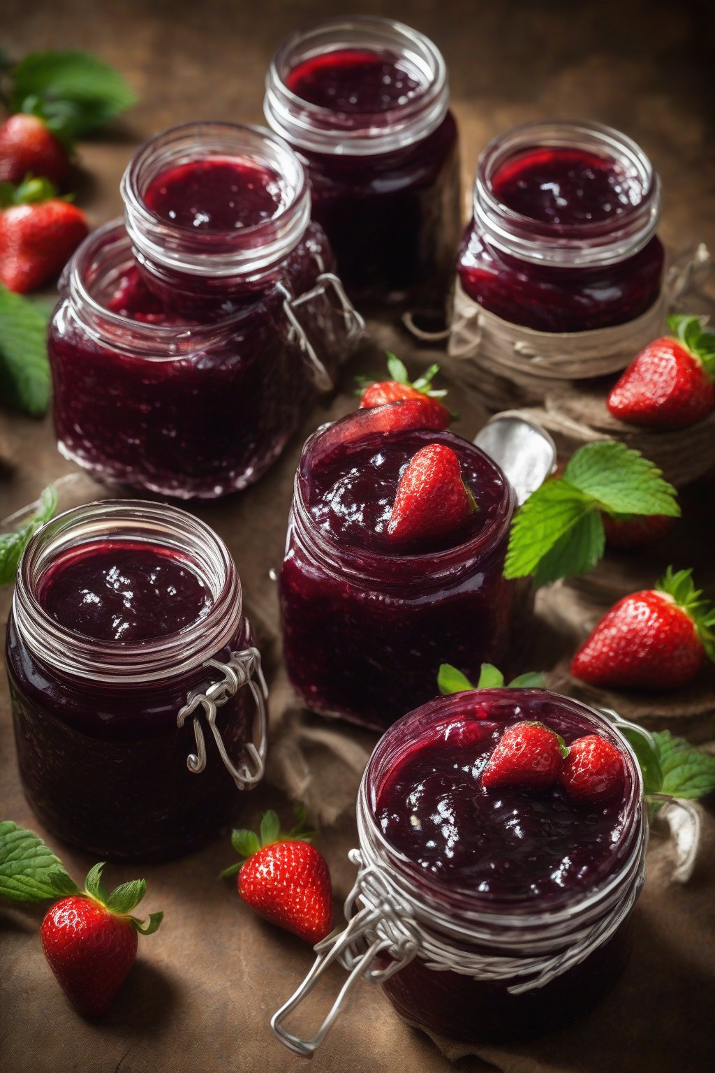 A high-resolution photo of boysenberry strawberry burst jam in rustic jars, bramble-like fruit pieces under soft lighting.