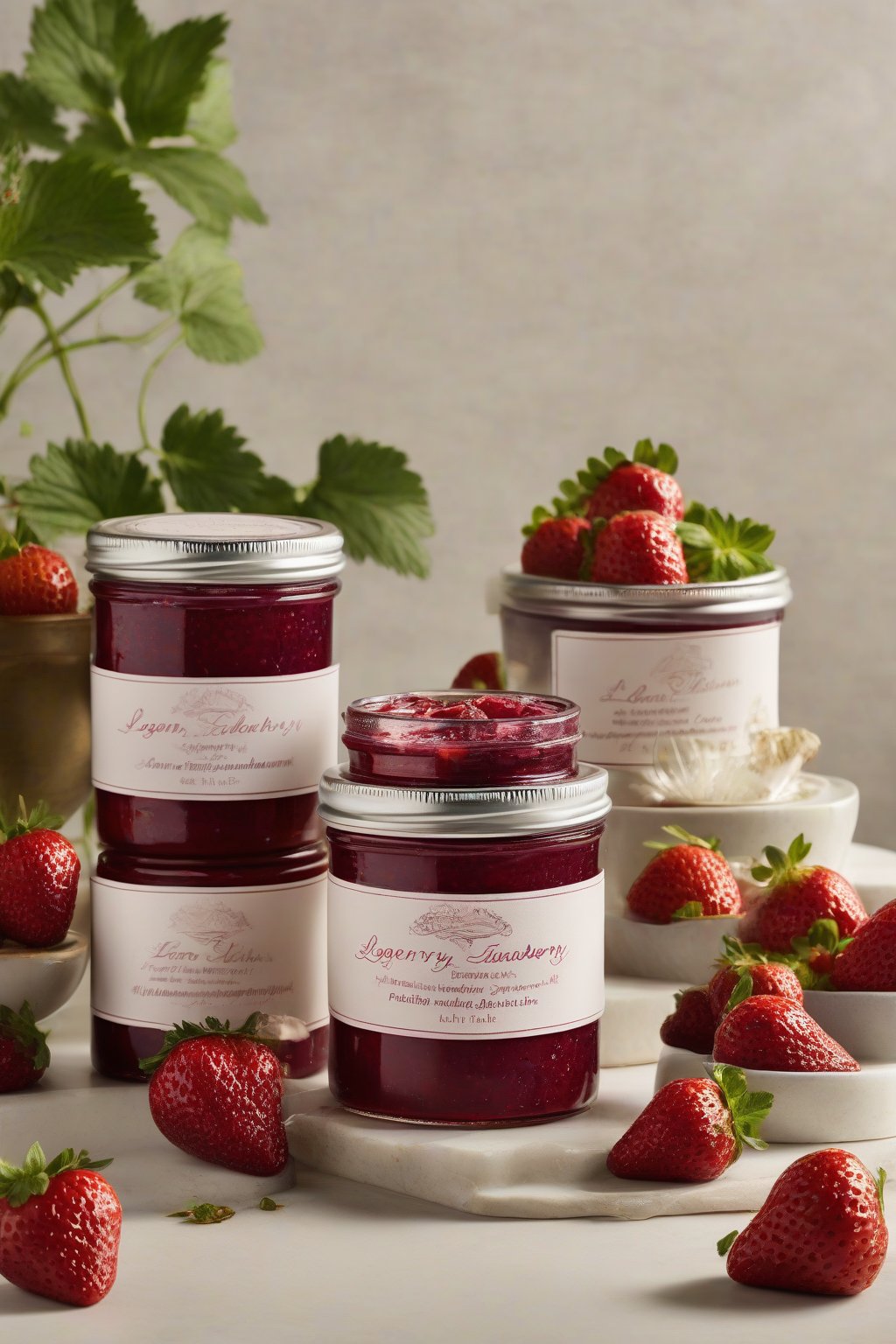 A high-resolution photo of loganberry strawberry luxe preserve with herb flecks, elegant jar presentation under soft lighting.