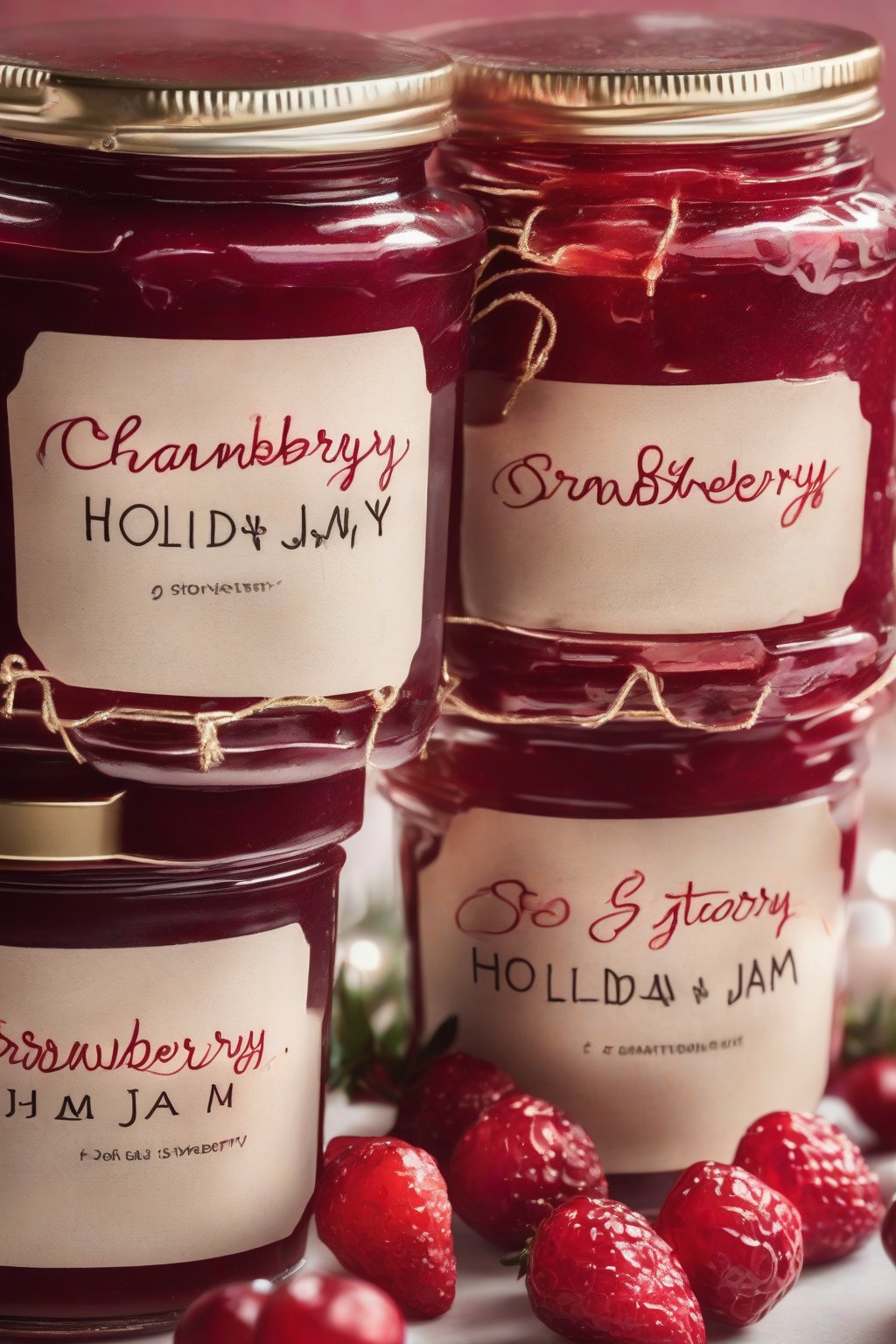 A high-resolution photo of cranberry strawberry holiday jam in holiday-labeled jars, red jewel tones under soft lighting.