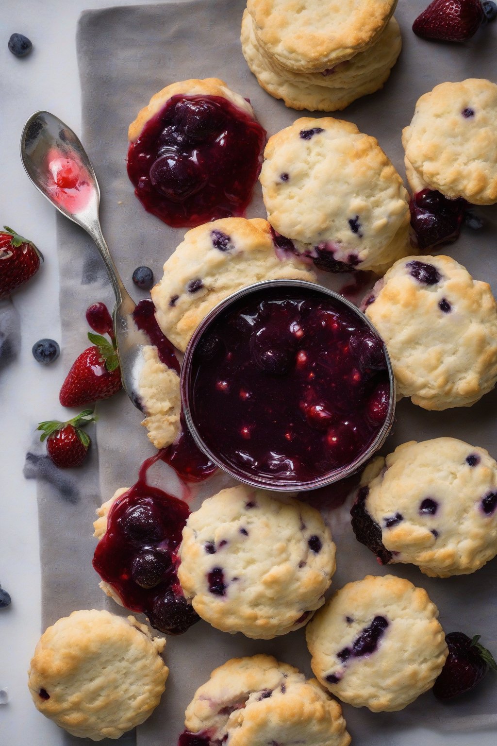 A high-resolution photo of huckleberry strawberry mountain jam scooped onto biscuit, wild berry specks under soft lighting.