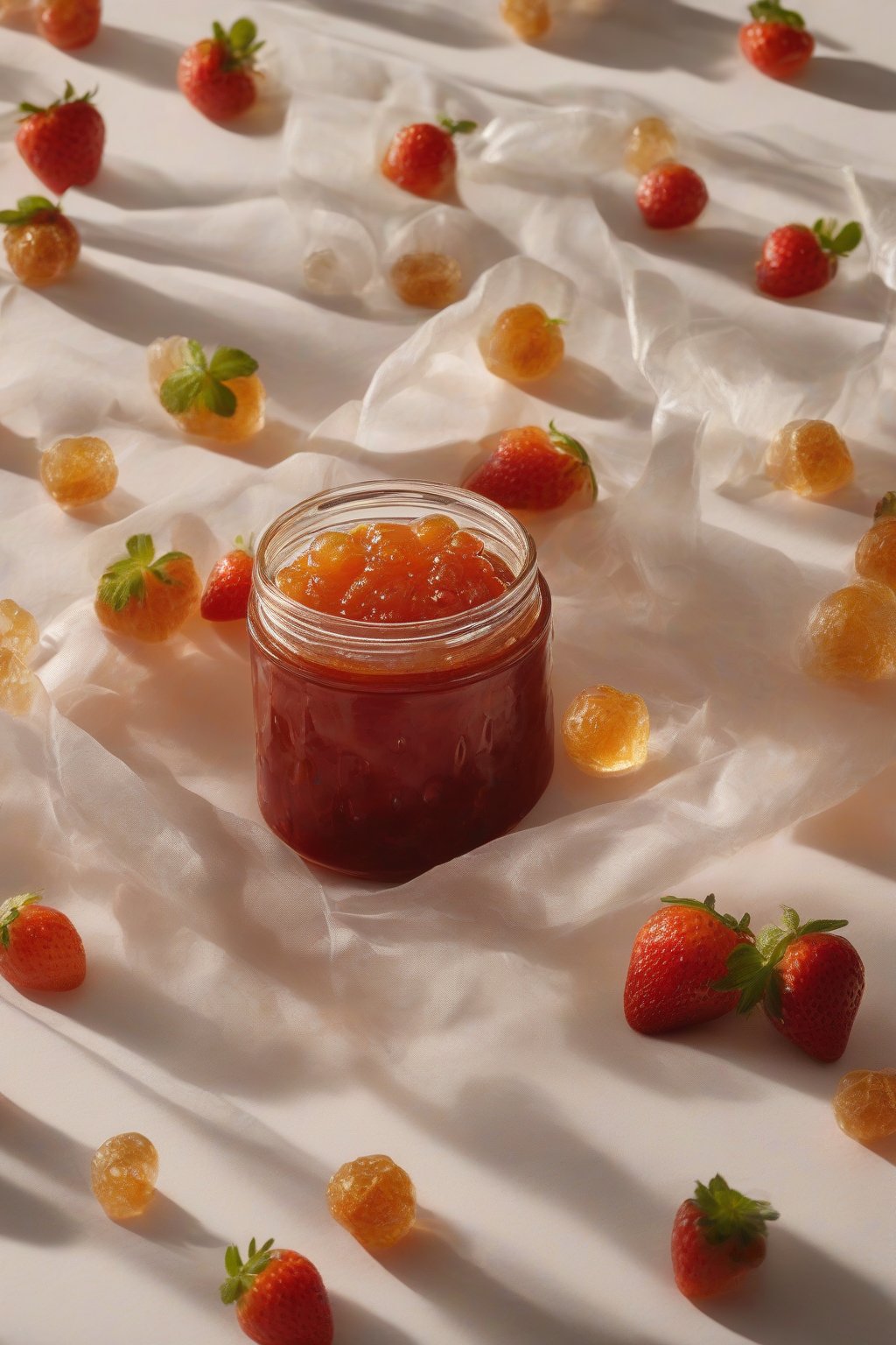 A high-resolution photo of cloudberry strawberry Nordic delight jam in clear jars, amber glow under soft lighting.