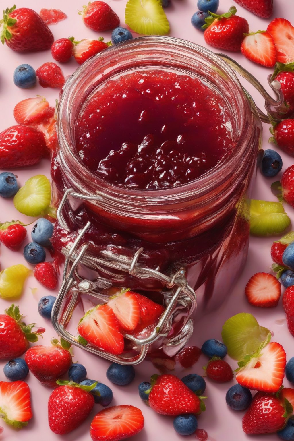 A high-resolution photo of ultimate mixed berry strawberry jam overflowing a jar, rainbow fruit bits under soft lighting.