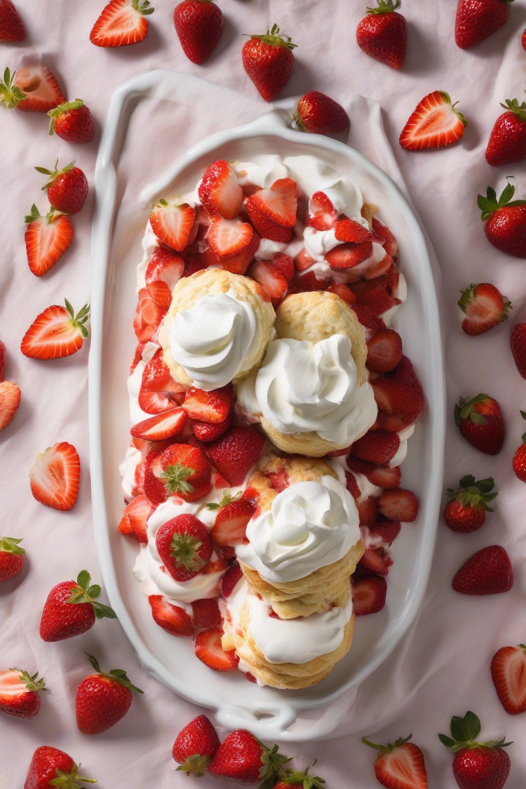 A high-resolution photo of a classic buttermilk biscuit strawberry shortcake, layered with macerated strawberries and whipped cream, under soft lighting.