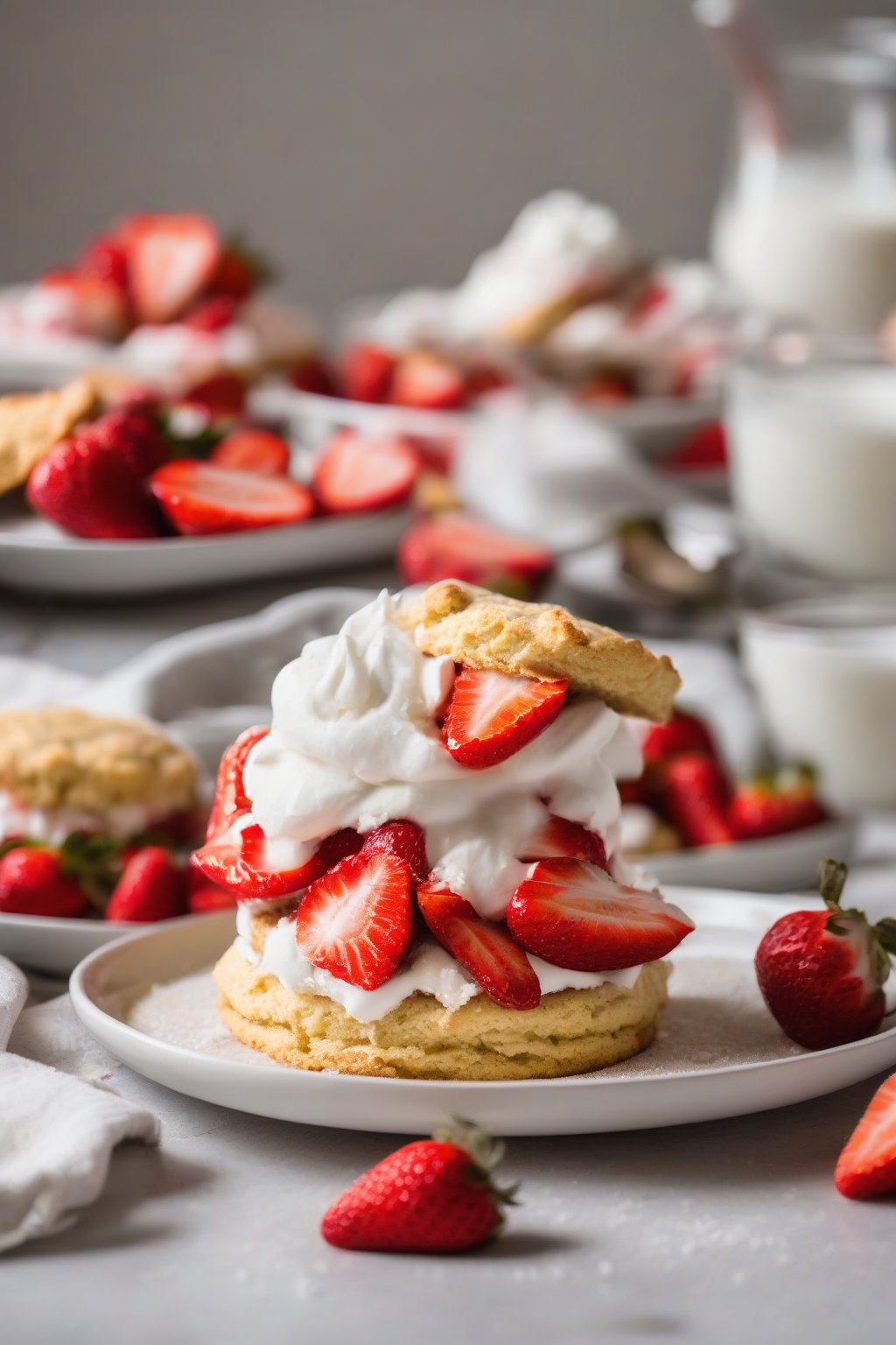 A high-resolution photo of gluten-free almond flour biscuit strawberry shortcake, topped with fresh strawberries and coconut cream, under soft lighting.