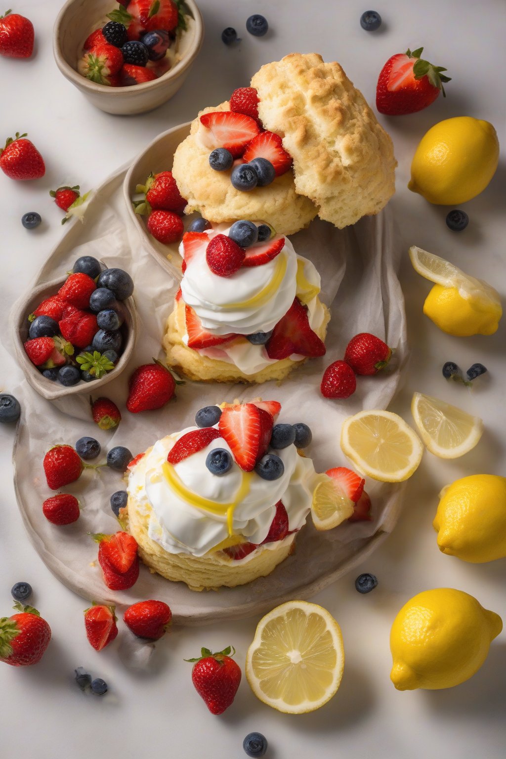 A high-resolution photo of lemon zest biscuit strawberry shortcake, garnished with lemon slices and juicy berries, under soft lighting.