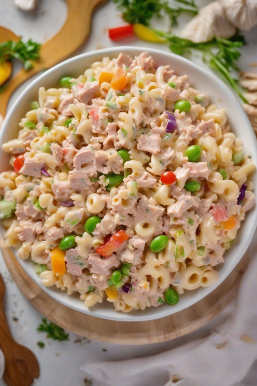 A high-resolution photo of tuna macaroni salad with colorful veggie flecks, under soft lighting.