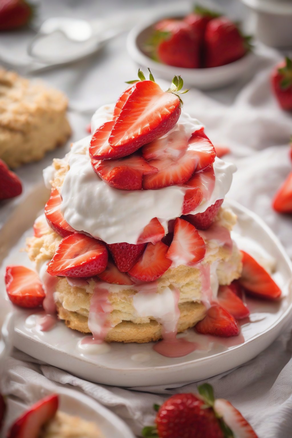 A high-resolution photo of vegan coconut biscuit strawberry shortcake, drizzled with coconut cream and strawberries, under soft lighting.