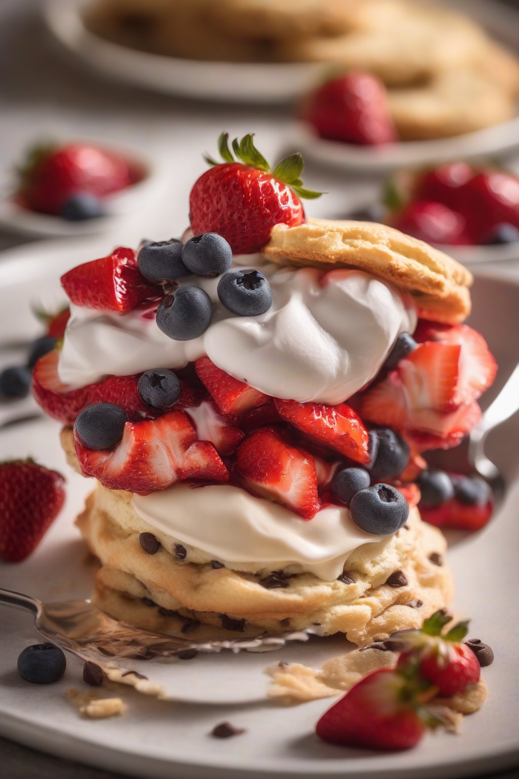 A high-resolution photo of chocolate chip biscuit strawberry shortcake, with melted chips and berry juices, under soft lighting.