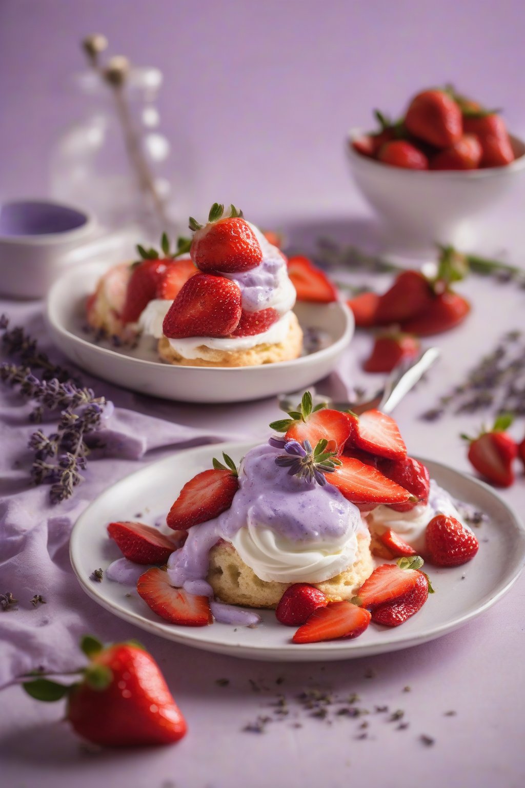 A high-resolution photo of lavender-infused biscuit strawberry shortcake, sprinkled with lavender buds and fresh strawberries, under soft lighting.