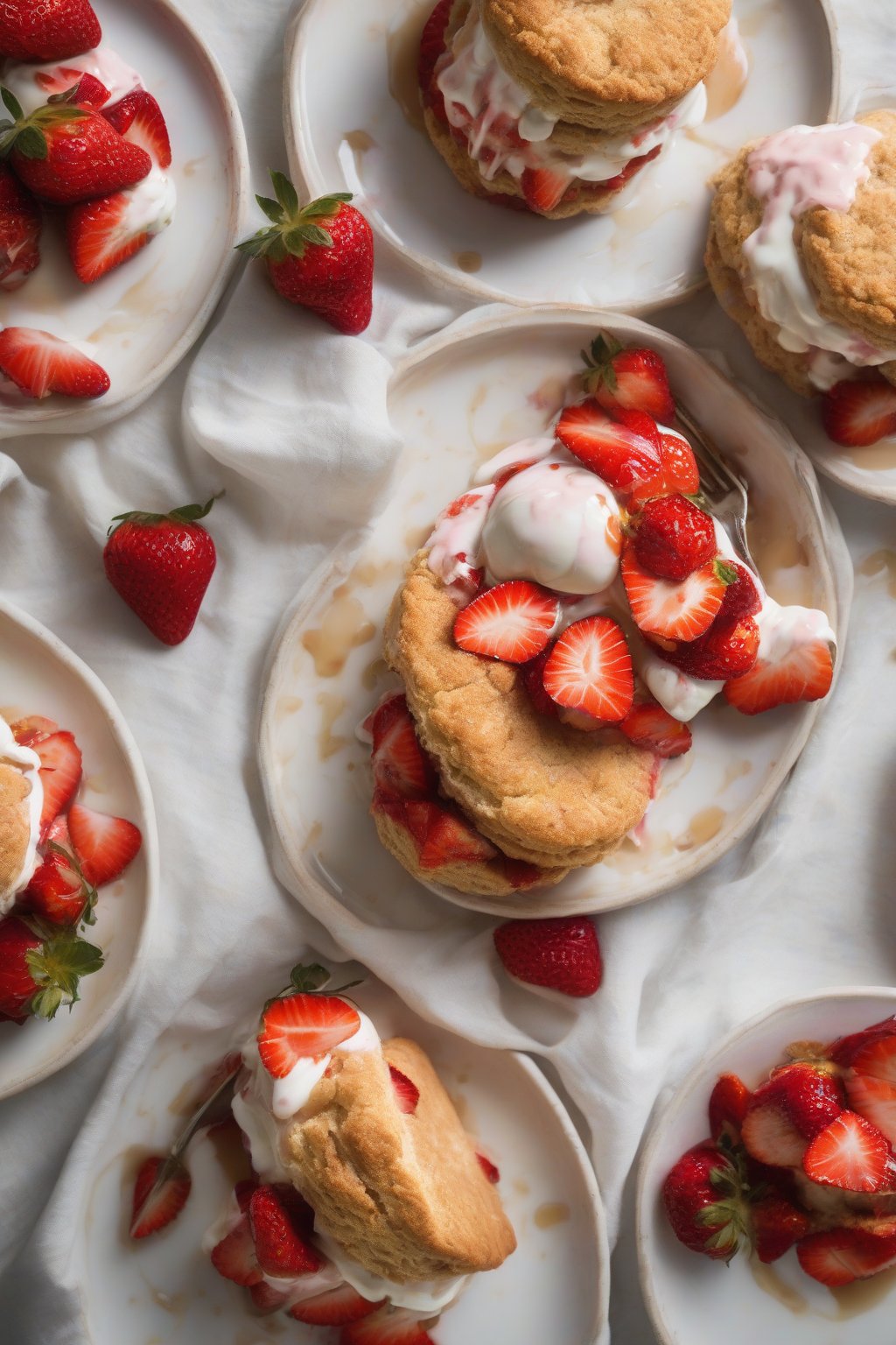 A high-resolution photo of whole wheat honey biscuit strawberry shortcake, honey-drizzled with macerated strawberries, under soft lighting.