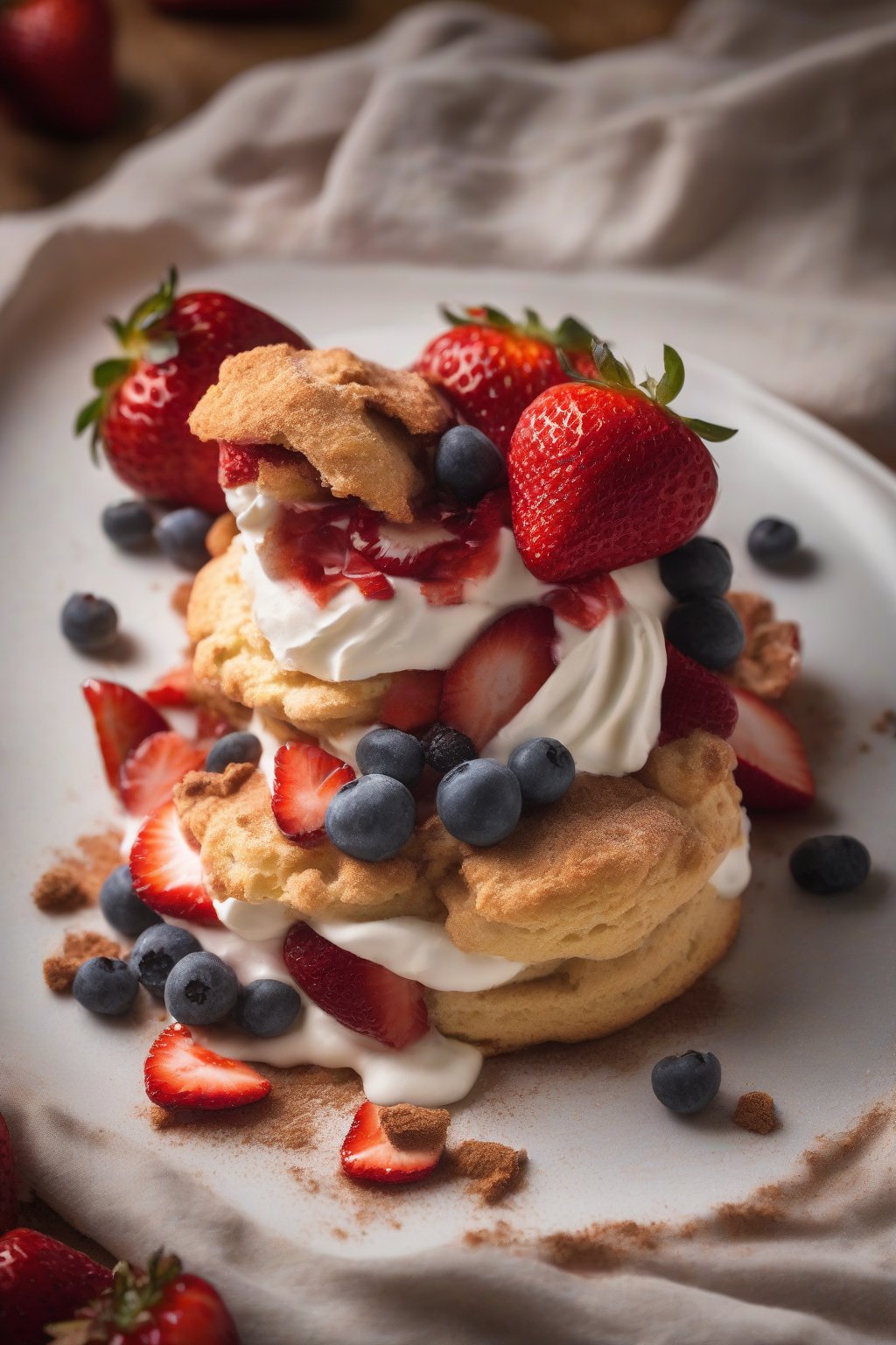 A high-resolution photo of cinnamon spiced biscuit strawberry shortcake, dusted with cinnamon and berries, under soft lighting.